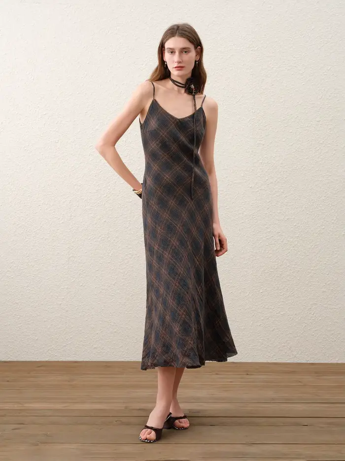 FSLE 【Série Premium】 Robe longue ajustée en lin à col en V et à carreaux rétro pour femme, nouvelle