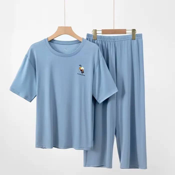 Pyjama Femme Nouvelle Collection Grande Taille en Modal, Ensemble Décontracté à Manches Courtes et Pantalon 7/8, Vêtements de Nuit Amples pour Femmes