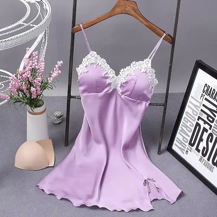 Robe de nuit en soie pour femmes, Sexy, bretelles avec nœud en dentelle, vêtements de nuit, Costumes, chemises de nuit en matériau doux