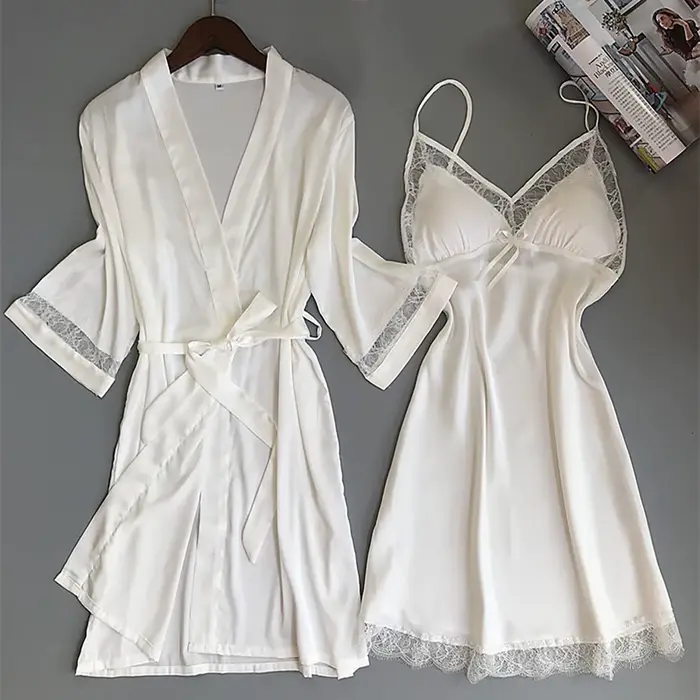 Pyjama en Satin de soie pour femmes, 2 pièces, Sexy, soyeux, ensemble de Robe, garniture en dentelle