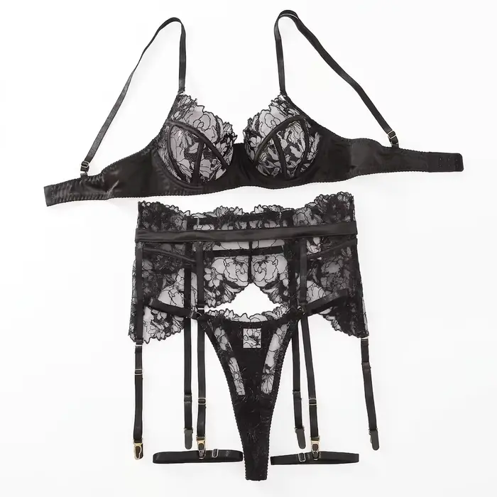 Ensemble de lingerie érotique de luxe pour femmes, dentelle florale brodée, sexy, transparente, push-up, sous-vêtements froncés, 4 pièces