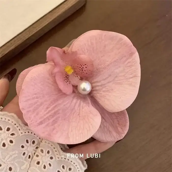 Jemná růžová orchidejová spona do vlasů, Korejské perlové sponky, Boho ozdoba