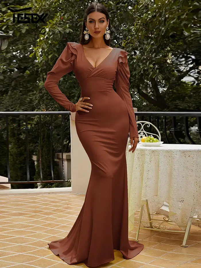 Yesexy-Robe de Rhsirène marron pour femme, manches longues bouffantes, tendance estivale, 2023