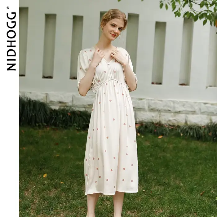 Dámské nikl E saténové noční košile, V-neck noční košile, krátký rukáv noční košile, jemné noční košile, měkké dlouhé sukně, podzim