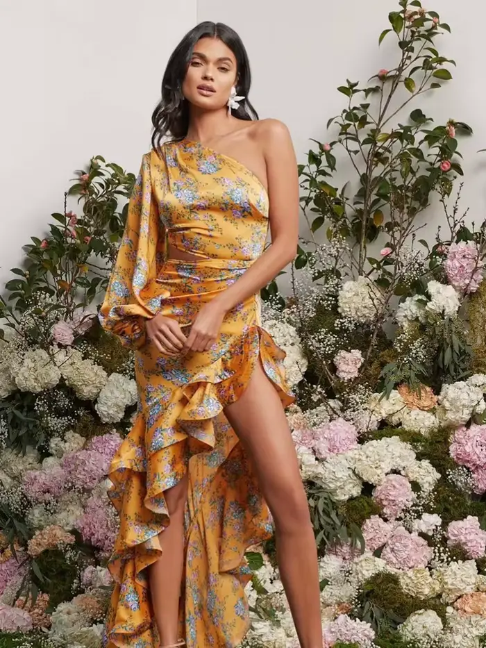 Robe longue à volants irréguliers pour femmes, Sexy, épaules inclinées, motif Floral, asymétrique ép