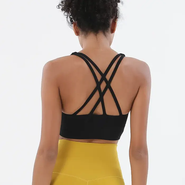 Haut de yoga en nylon et élasthanne pour femmes, soutien-gorge amovible, dos croisé, ajustement serré, respirant et confortable pour yoga, fitness, sports et loisirs