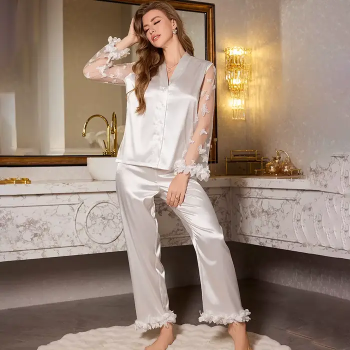 Pyjama en Satin pour femmes, broderie papillon, maille, manches longues, ensemble élégant, col en v, haut et pantalon, vêtements de nuit