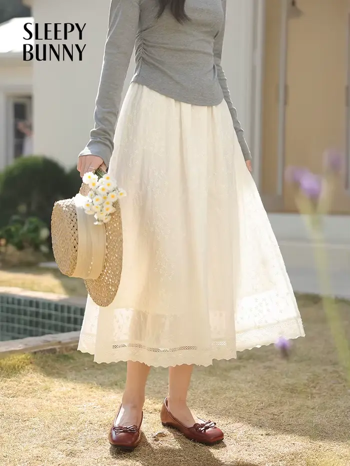 Jupe mi-longue trapèze blanche de Style français pour femmes, taille haute, fluide, Slim, élégante, 
