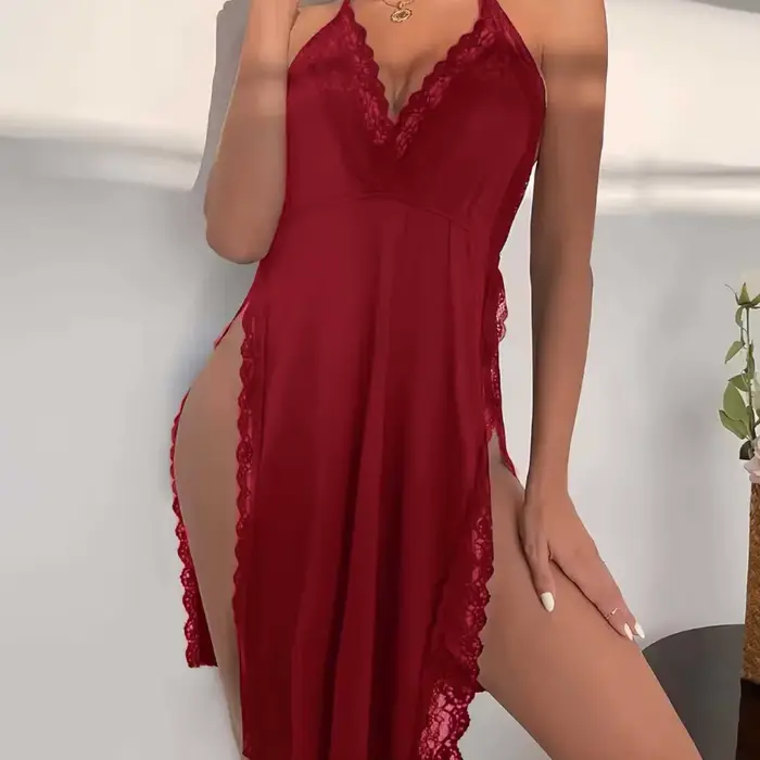 Sexy bez zad noční košile potisk leopard s krajkou hranice, hluboký V-neck spodní prádlo šaty pro ženy, sexy elegantní boční štěrbiny měkké noční prádlo