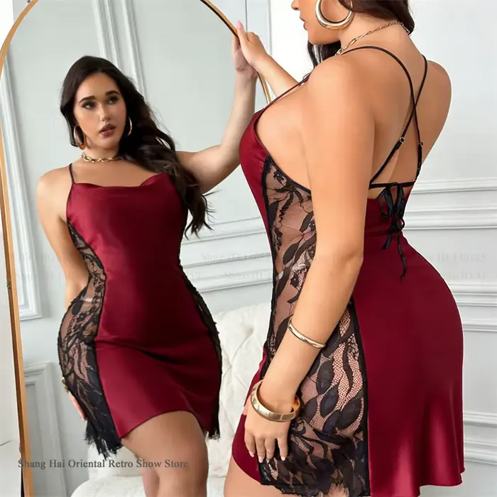 Noční košilka pro ženu velkého rozměru 3XL 4XL 5XL, noční košilka sexy z krajky s transparentními částmi, spodní prádlo široké z saténu, oblečení pro domácnost