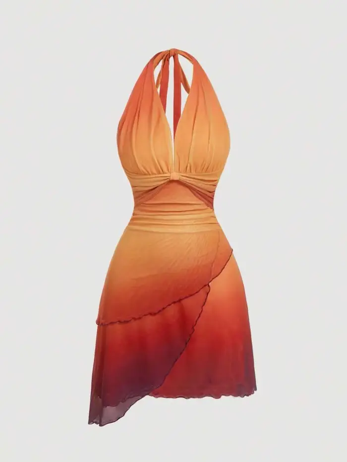 Robe asymétrique à bretelles spaghetti, dos nu, avec nœud papillon dégradé