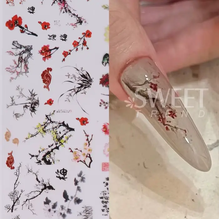 10 pièces feuilles à ongles caractère chinois grue bambou poisson fleur prune autocollant curseur tr