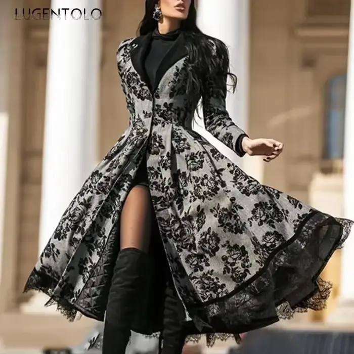 Femmes Vintage fête Trench à manches longues automne épissage dentelle bouton manteau femme décontra