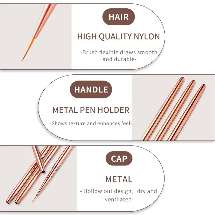 Ensemble de pinceaux de peinture pour nail art, outils de manucure, couleur or rose, 7/9/11mm, 3 piè