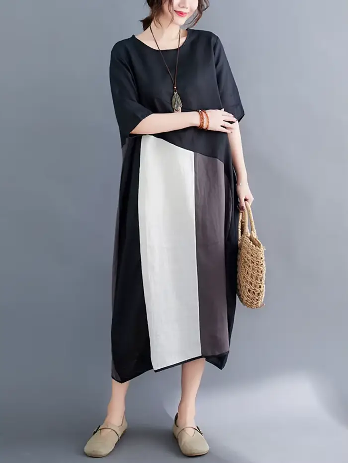 Robes en coton et lin vintage à contraste de couleurs pour femmes, nouvelle robe d'été décontractée