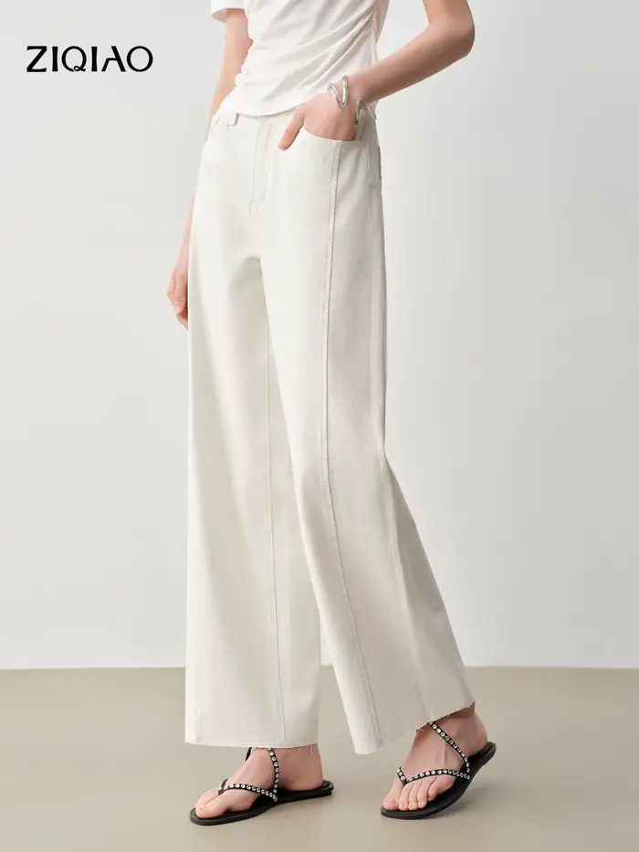 ZIQIAO Jean droit patchwork à bords effilochés longueur cheville pour femme – Nouveautés Printemps 2