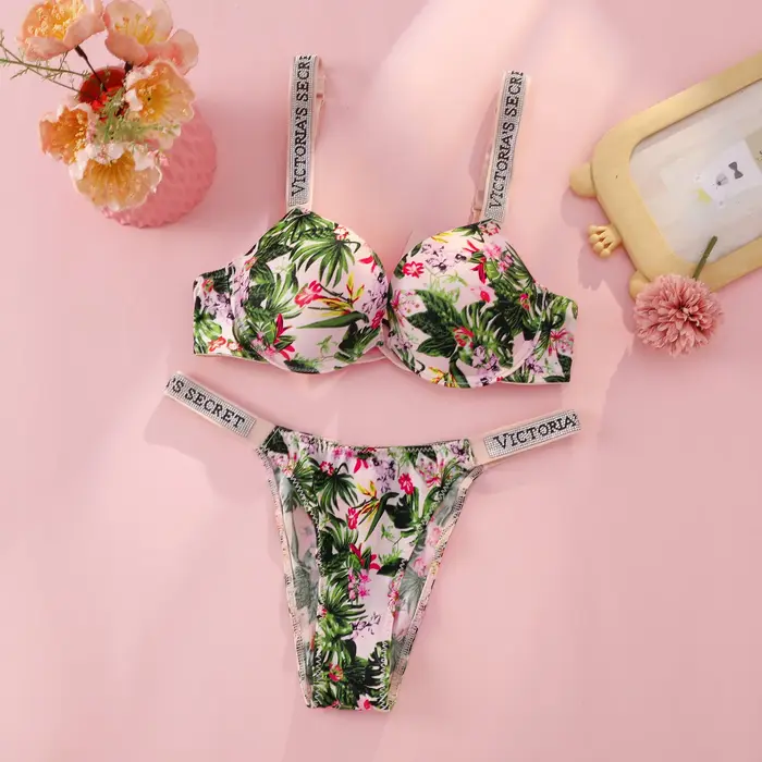 Dámská push-up podprsenka a kalhotky Victoria's Secret, ramínko s logem drahokamu, sexy krajkové spodní prádlo