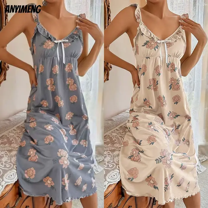 volán Retro noční košile pro ženy, stylový oblek, elegantní, štíhlý, spodní prádlo, květinová zóna, módní, na léto