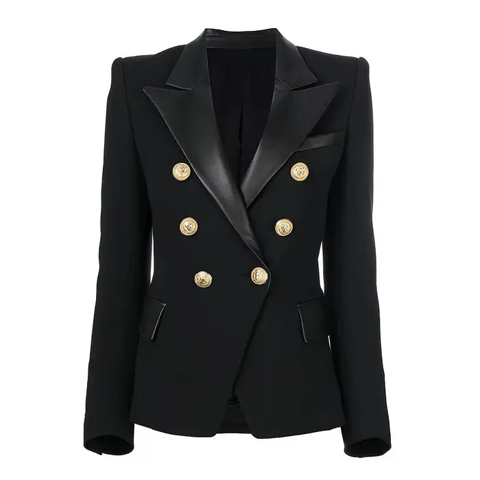 Automne hiver mode couture en cuir PU coupe ajustée à manches longues revers Double boutonnage costu