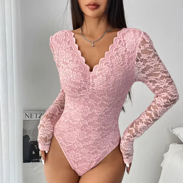 body Sexy Bílá Krajka pro ženy, Barva jednobarevný, Dlouhé rukávy, Korzet průhledný, Volán Top, V-Neck, Sklonil kombinézu, Podzim