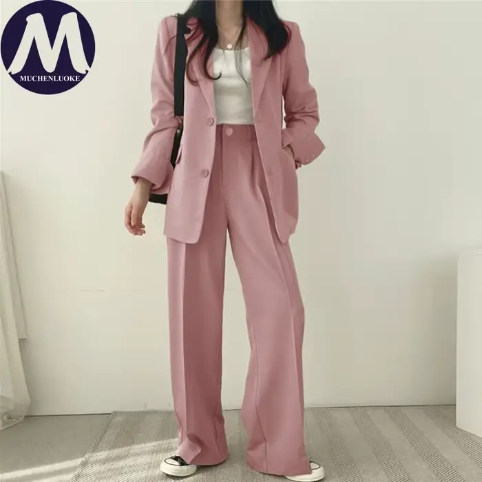 Ensemble deux pièces pour femmes, mode coréenne, blazer à manches longues et pantalon large, décontr