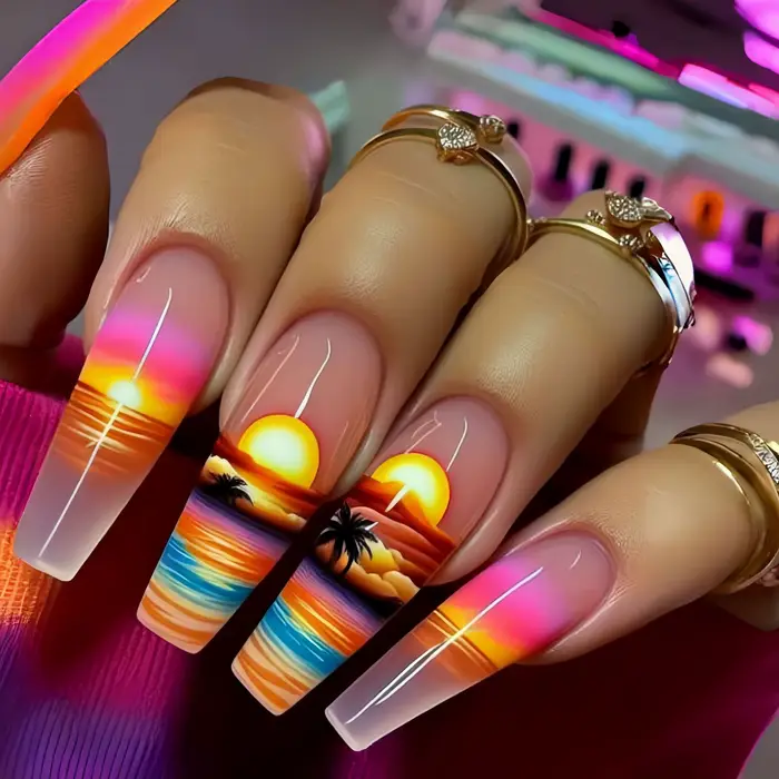 24 pièces/ensemble faux ongles mi-longs dégradé bleu océan poisson soleil fleurs papillon carré ball