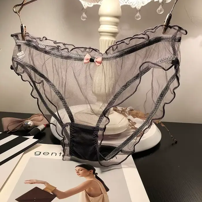 Dámské sexy průhledné kalhotky růžové s mašlí