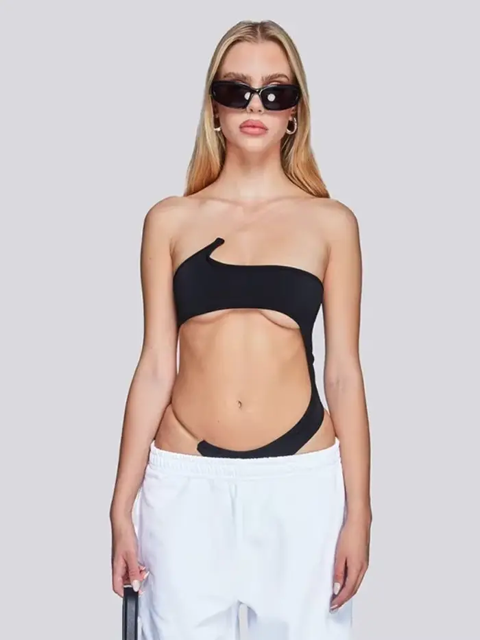 Sexy elastan polyester asymetrické body pro ženy, plážové oblečení, černé topy, těsné uchycení, streetwear styl, speciální příležitosti