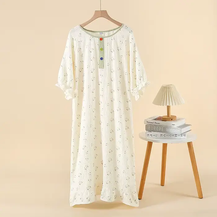 Chemise de nuit d'été en gaze crêpe, dentelle douce, manches courtes, ample, col rond, chemises de n