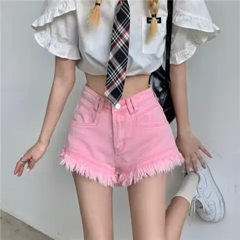Short en Denim taille haute pour femmes, nouveau Design, jambes larges, ample, pompon en forme de A,
