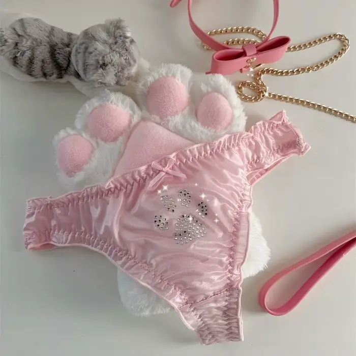 Culottes Lolita Patte de Chat Kawaii en Coton avec Strass, Strings Confortables et Doux à Volants pour Fille