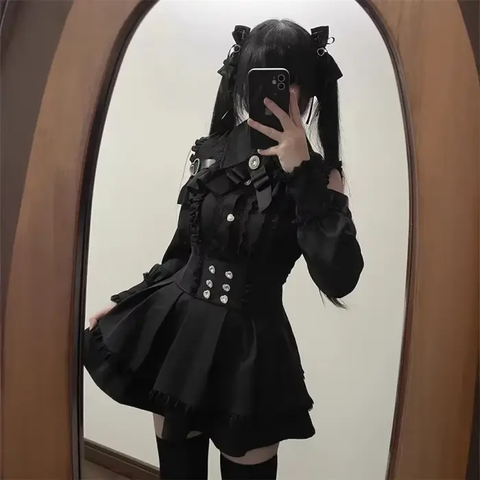 Ensemble Lolita pour femmes, haut en maille et jupe cintrée à la taille, cordon de Style de rue japo