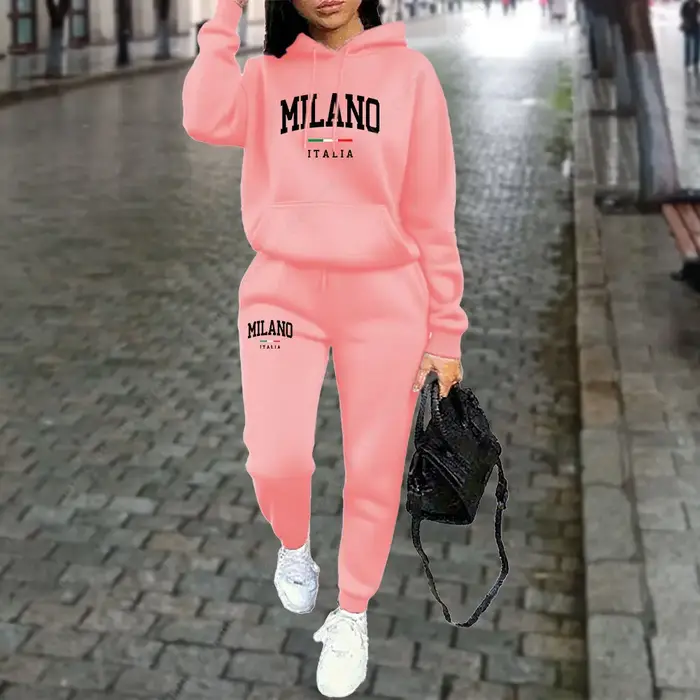 Ensemble 2 pièces pour femmes, sweat à capuche et pantalon, tenue de sport, lettre MILANO imprimée, 