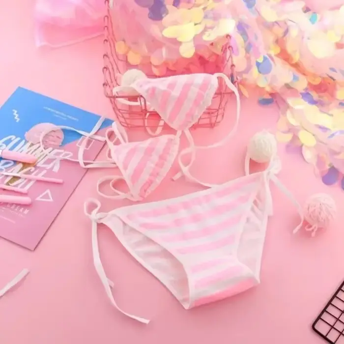 Japonské sexy spodní prádlo Lolita Kawaii, mini bikiny pruhované modré, růžové a bílé, cosplay pro dospělé, podprsenka, spodní prádlo, plavky set Frenum pro ženy