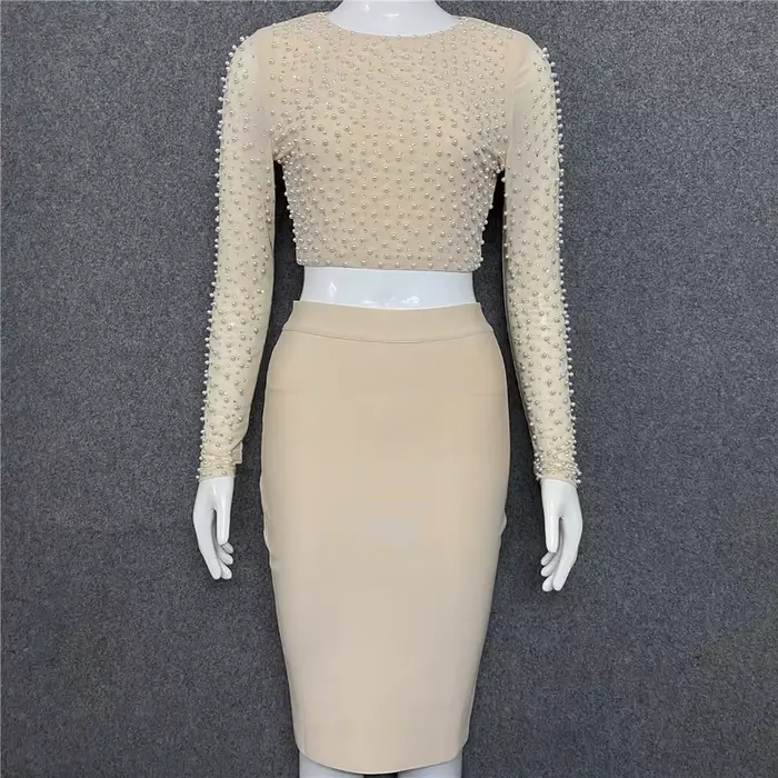 Robe bandage noire pour femme, mini robe avec perles, jupe crayon en Y, ensemble sexy pour femme, do