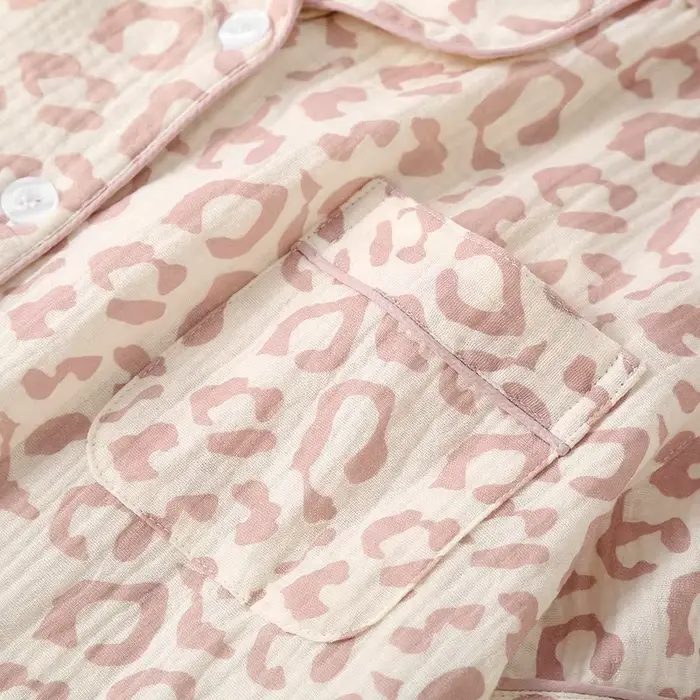 Ensemble pyjama imprimé léopard en coton fin pour femmes, col rabattu, manches longues, pantalon long, style basics, printemps