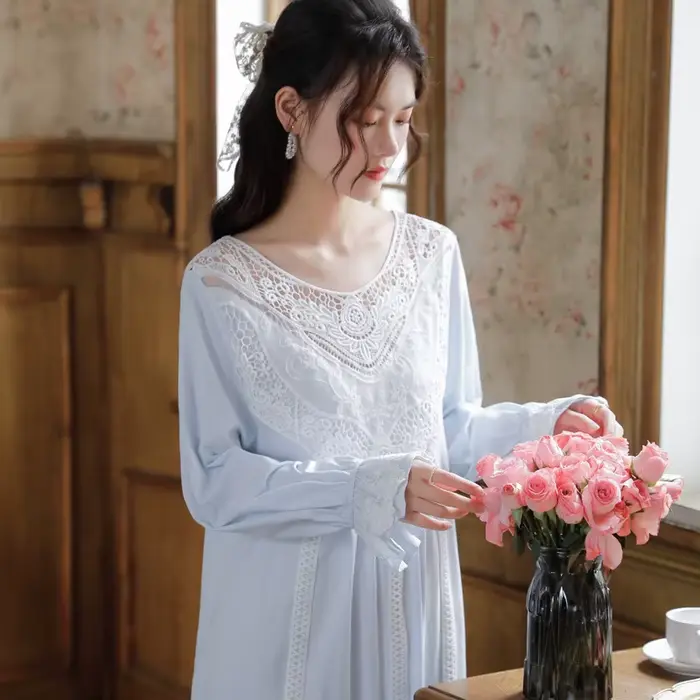 Romantické krajkové noční košile pro ženy, francouzský styl, víla noční košile, elegantní, dlouhé rukávy, bavlna, viktoriánské ležérní oblečení