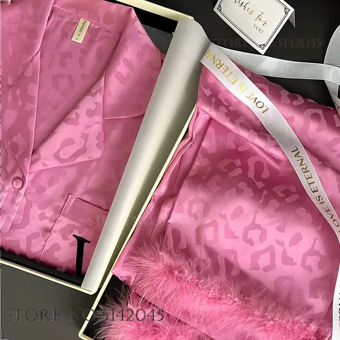 Dámské pyžamo s dlouhým rukávem, sexy oblečení na spaní, leopardí relaxační oblečení, pyžamo napuštěné peřím, Ice InjHomewear, superintendant, 2 kusy