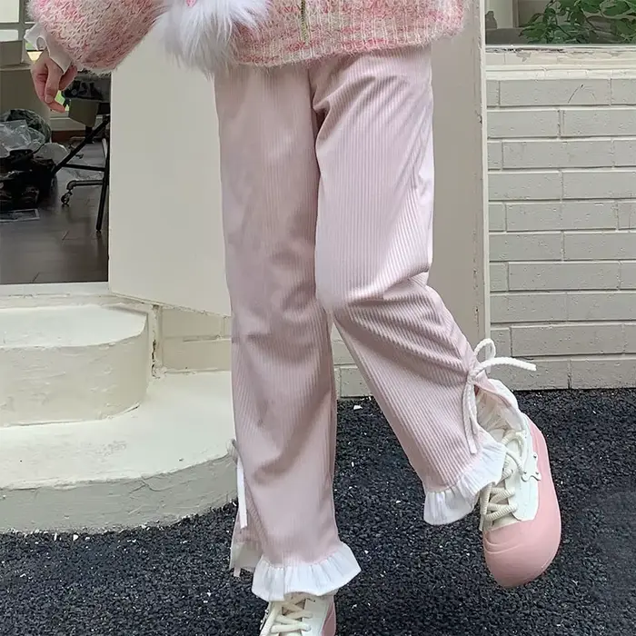 Pantalon en velours côtelé à nœud rose pour femme, style Sweet Lolita, volants Kawaii, bandage latér