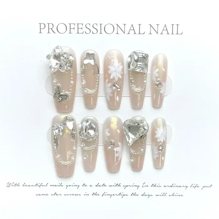 10 pièces noir fait à la main presse sur ongles fleur Ballet portable strass faux ongles décoration 