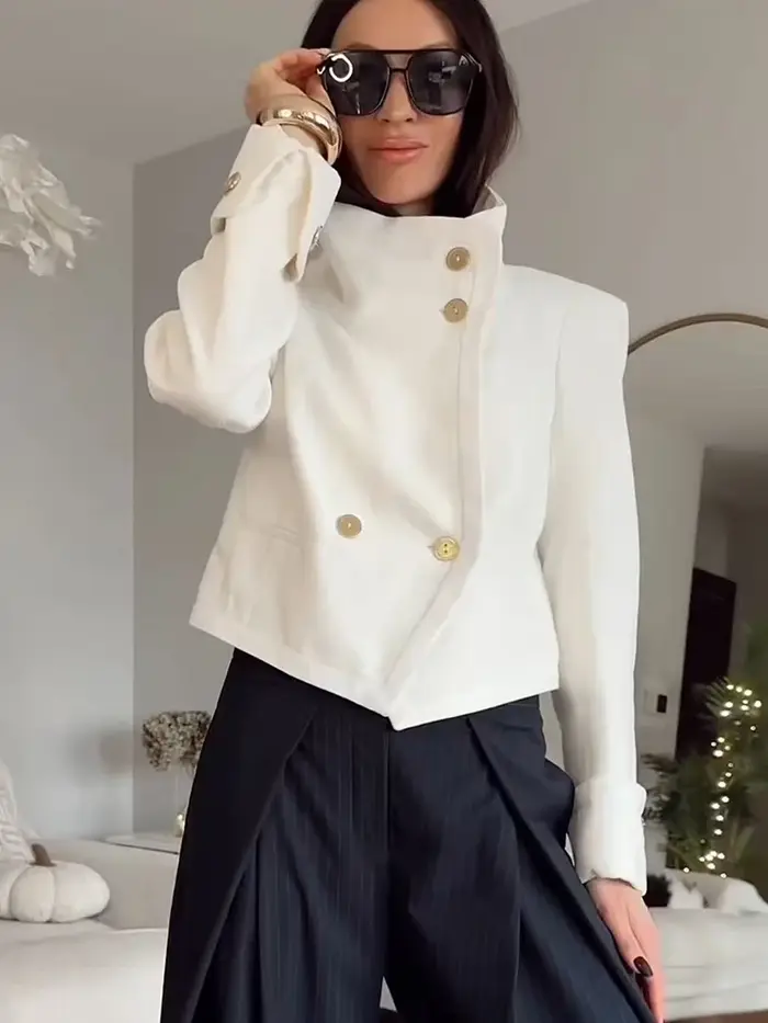 TFMLN – veste élégante pour femmes, couleur unie, manches longues, col montant, boutonnée, courtes, 