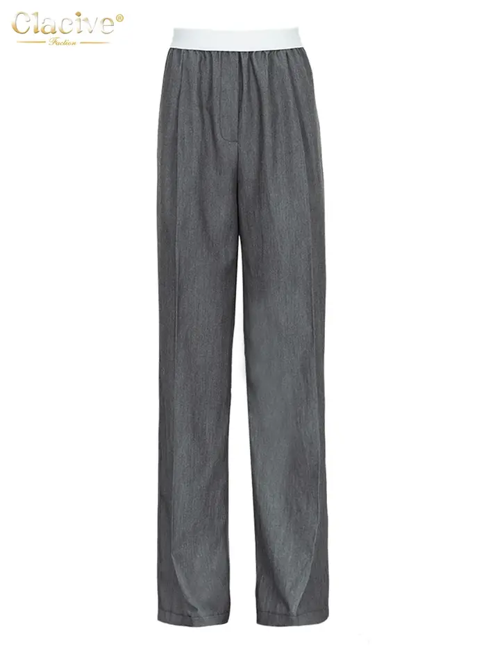 ClacMarkets-Pantalon Gris pour Femme, Taille artificiel astique, Jambes Larges, Mode Décontractée, F