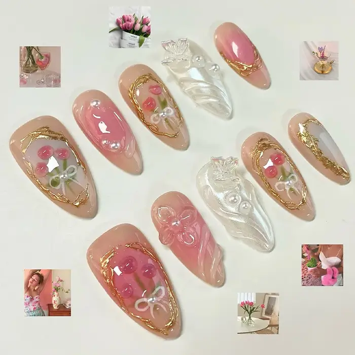 24 pièces doux Cool amande ensemble d'ongles presse sur ongles acryliques 3D Floral papillon faux on