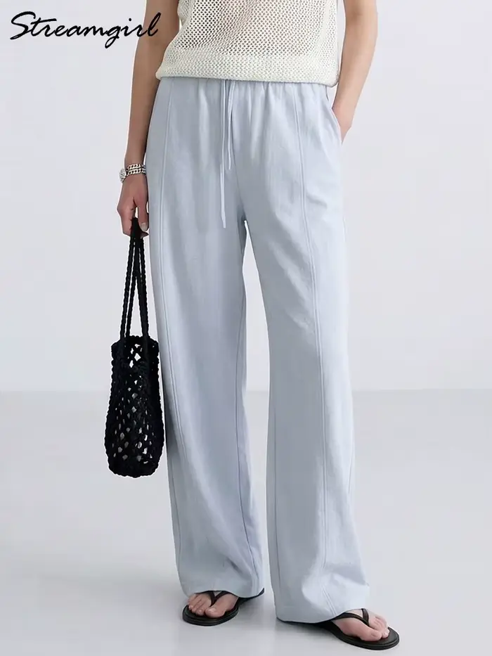 Pantalon d'été en coton pour femmes, coupe large, bleu, avec bande élastique, jambe droite, blanc, a