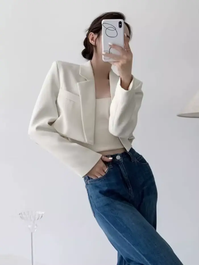 Mode femmes Blazer court blanc vestes de base haut élégant solide à manches longues ouvert avant man