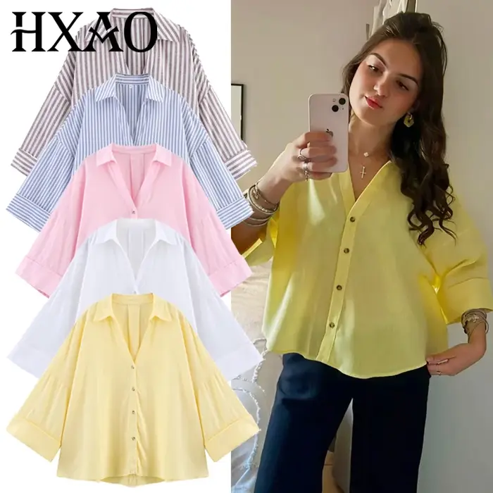 HXAO chemise femme chemisier surdimensionné chemise d'été et chemisier jaune rose blanc chemise rayé