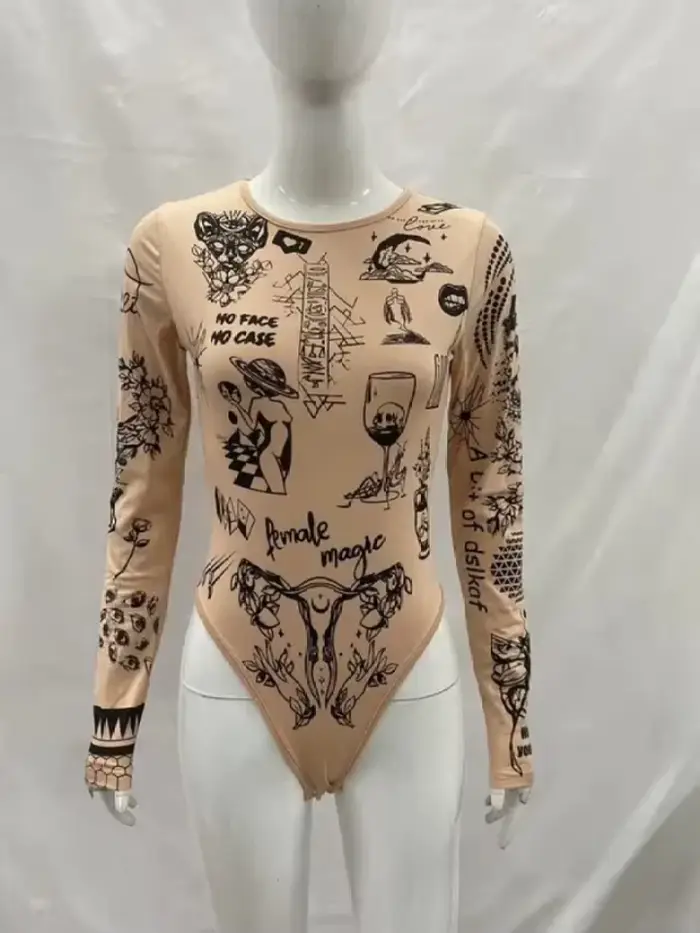 body Dlouhý rukáv potisk Tattoo Nude pro ženy, Y2K Fit