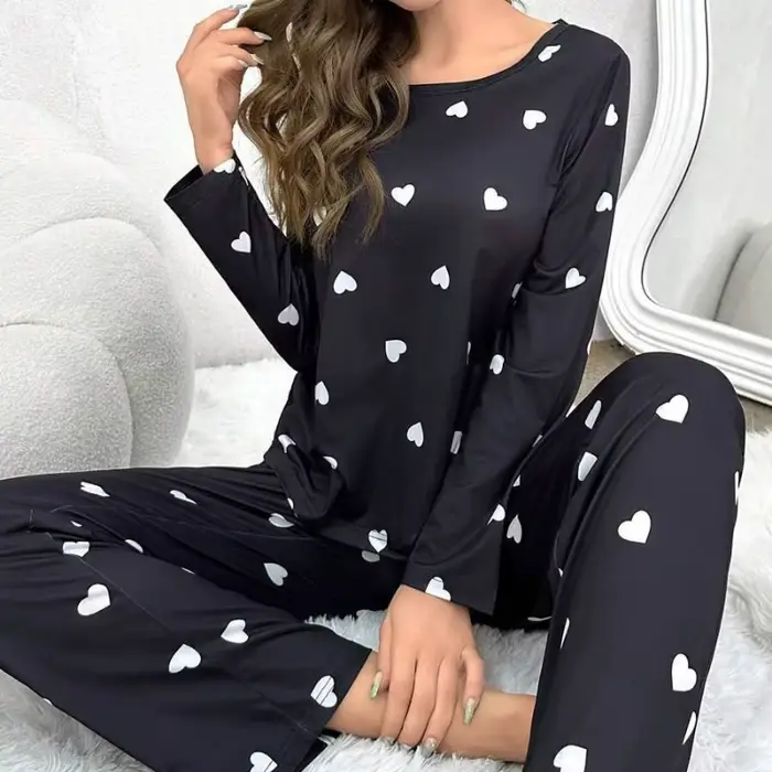 Ensemble de pyjamas College d'amour pour femmes, col rond, manches longues, pantalons longs, vêtements de nuit confortables pour filles, vêtements d'intérieur décontractés, automne et hiver