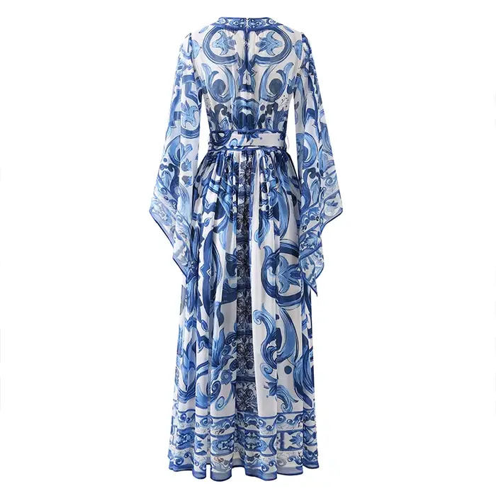 Robe de vacances à imprimé de porcelaine rouge bleu et blanc pour femmes, robe longue d'été, robe bo