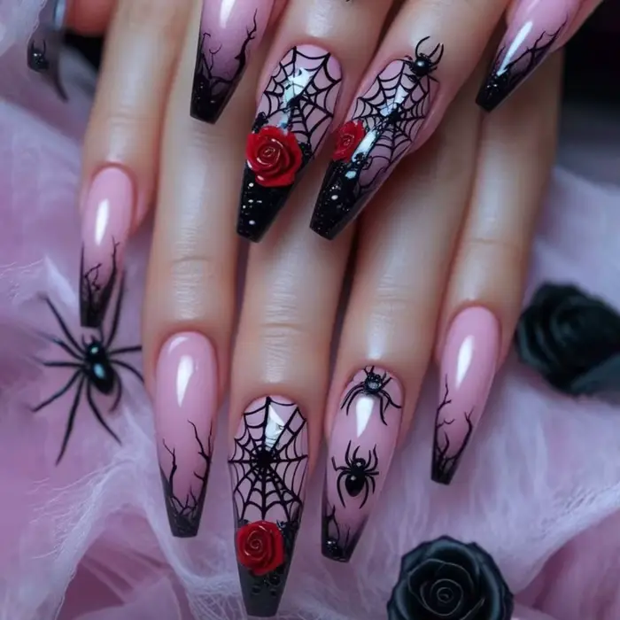 24 pièces argent araignée conception faux ongles métal lourd Halloween faux ongles conseils couvertu